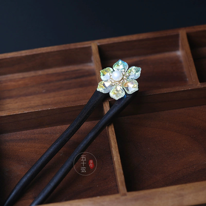Radiant Crystal Flower Elegant Wooden Ancient Style Hair Stick