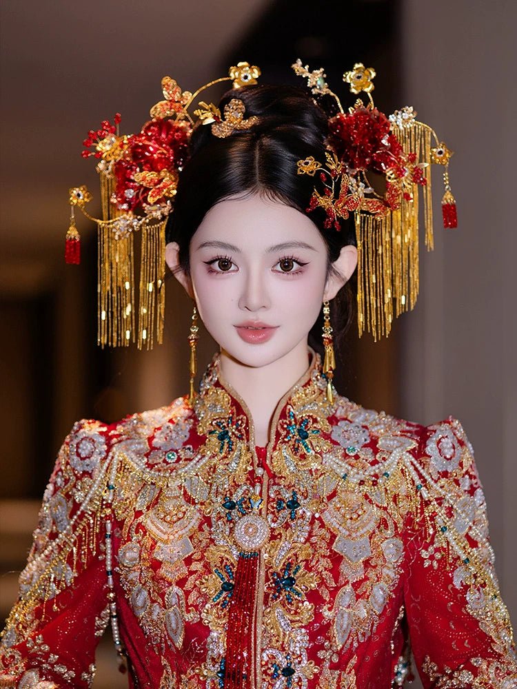 Luxury Gold Tassel Bridal Hairpin Elegant Floral Chinese Wedding Headpiece