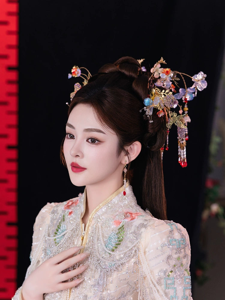 Light Floral Bridal Hairpin Tassel Chinese Wedding Headpiece for Hanfu and Xiuhe Bride