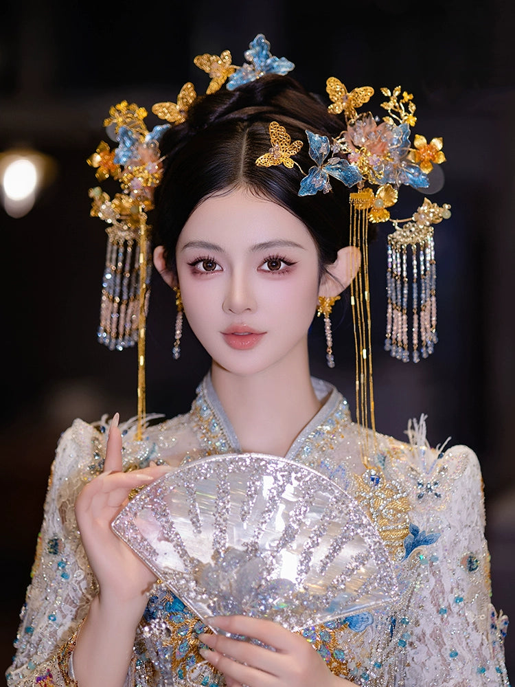 Blue and Gold Floral Tassel Bridal Hairpin Fairy-Style Chinese Wedding Accessories
