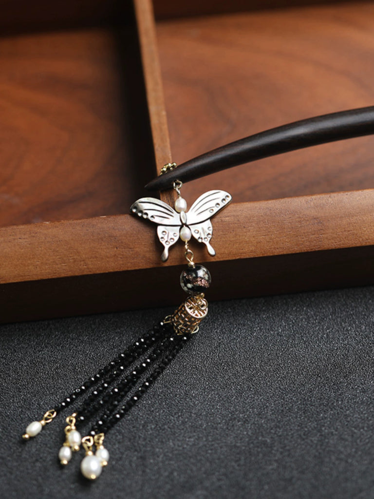 Ink-Stained Pearl Tassel Natural Mother-of-Pearl Long Tassel Ebony Hair Stick
