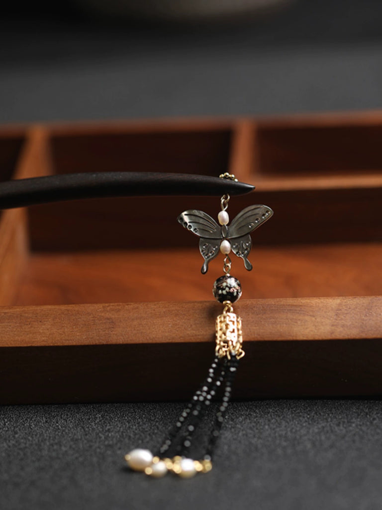 Ink-Stained Pearl Tassel Natural Mother-of-Pearl Long Tassel Ebony Hair Stick