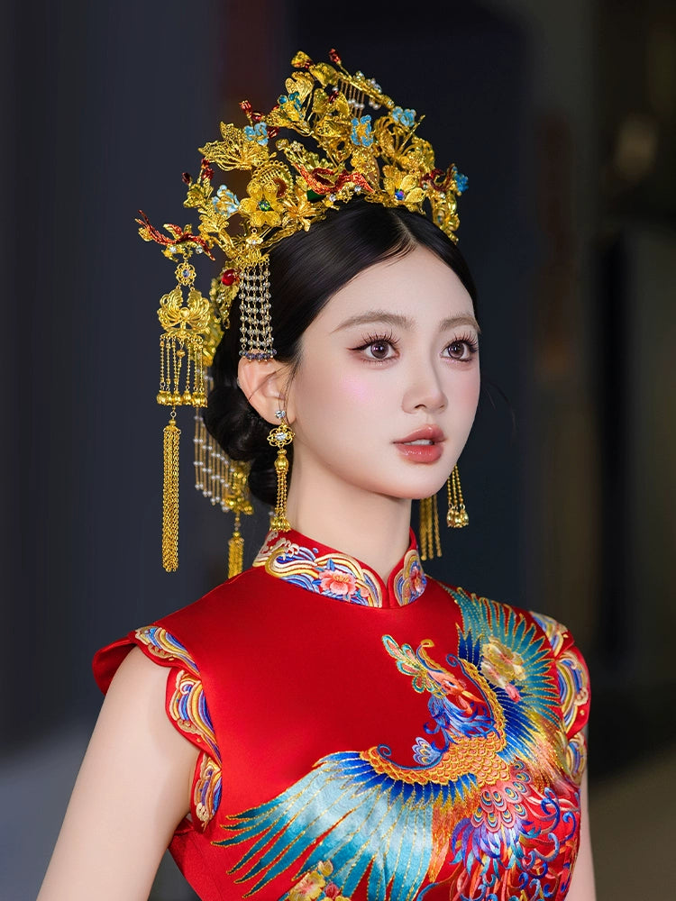 Luxury Phoenix Crown Bridal Headpiece Red and Blue Gem Accent with Gold Tassels for Chinese Wedding Qipao