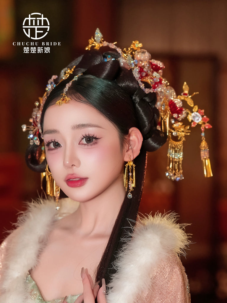 Radiant Princess - Gold Red Hanfu Bridal Crown with Liquid Flower Phoenix Hairpin & Forehead Pendant for Wedding