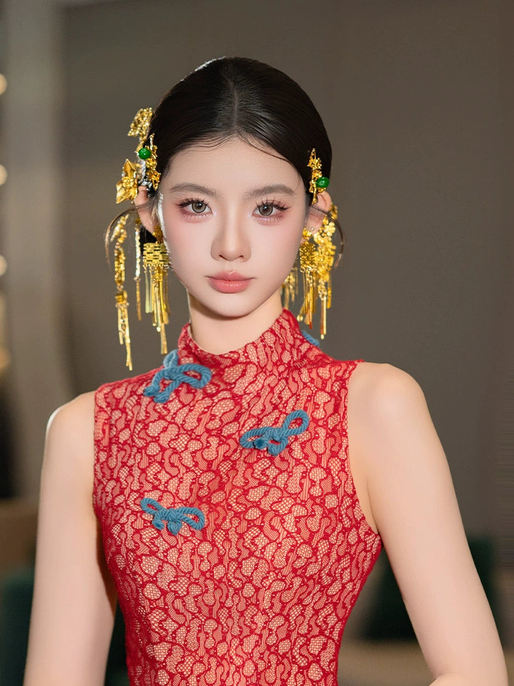 Chinese Wedding Hair Accessory Set Golden Butterfly and Double Happiness Tassel Hairpins for Xiuhe and Qipao Bride