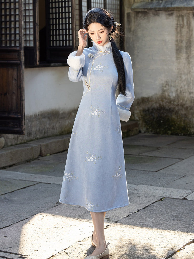 Long Sleeve Fur Trim A Line Qipao