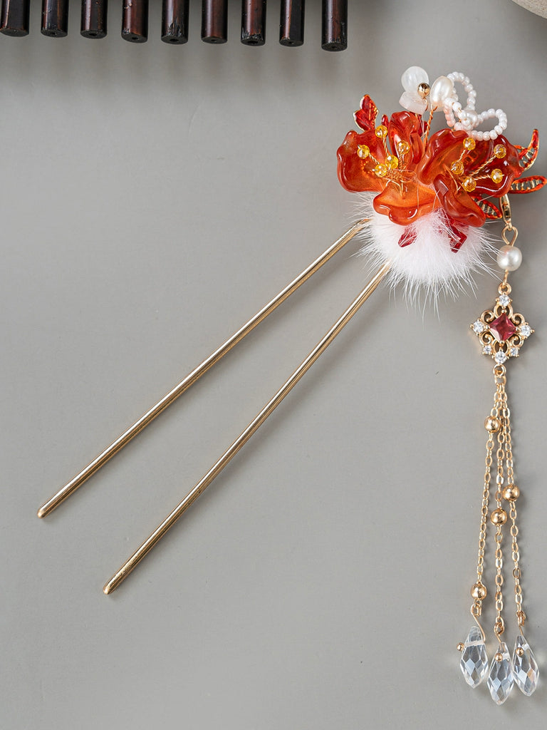 Snow Velvet Red Peony Traditional Hair Stick for Hanfu & Cheongsam