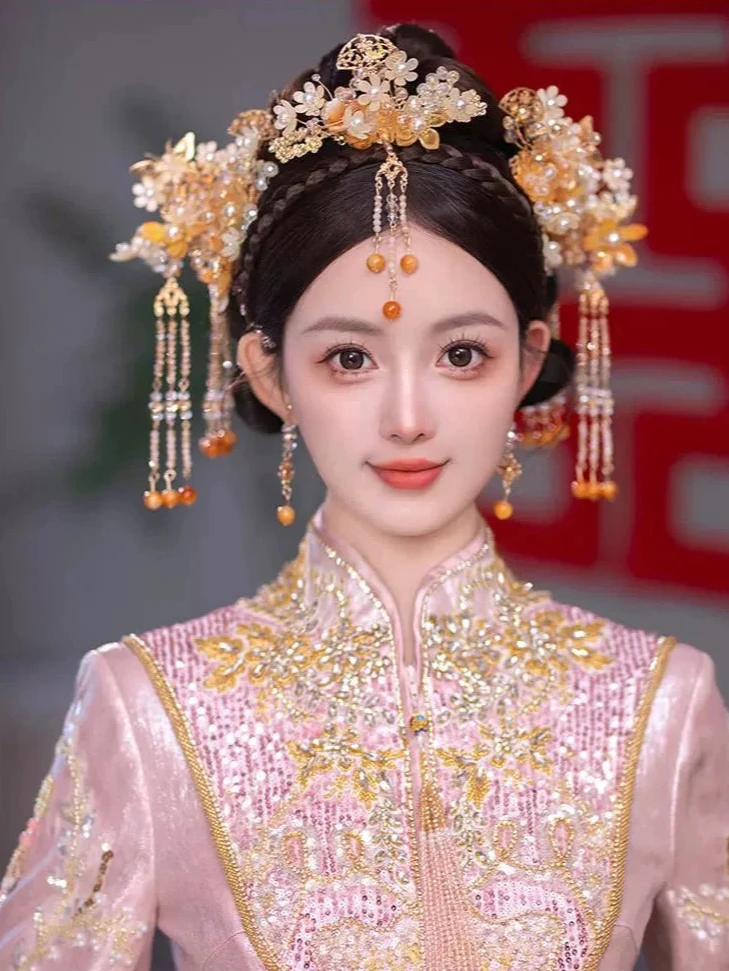 Golden Bloom Radiance - Minimalist Gold Bridal Phoenix Crown for Hanfu Wedding Outfit