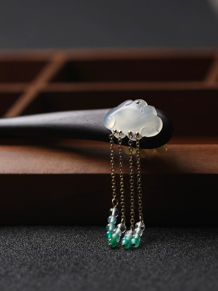 Green Jade Scroll Wooden Hair Stick