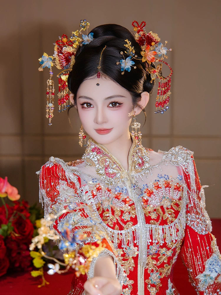 Red Floral Tassel Bridal Hair Accessories Traditional Chinese Wedding Hairpins