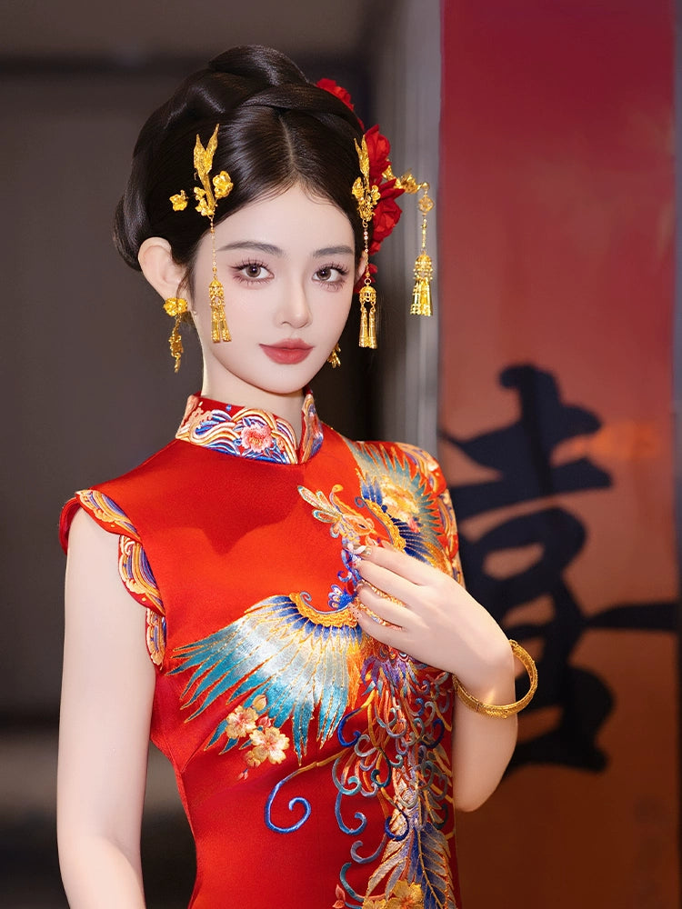 Chinese Bridal Hair Accessories Set Luxury Gold Dragon Phoenix Tassel Hairpins for Xiuhe and Qun Kwa Wedding Dress