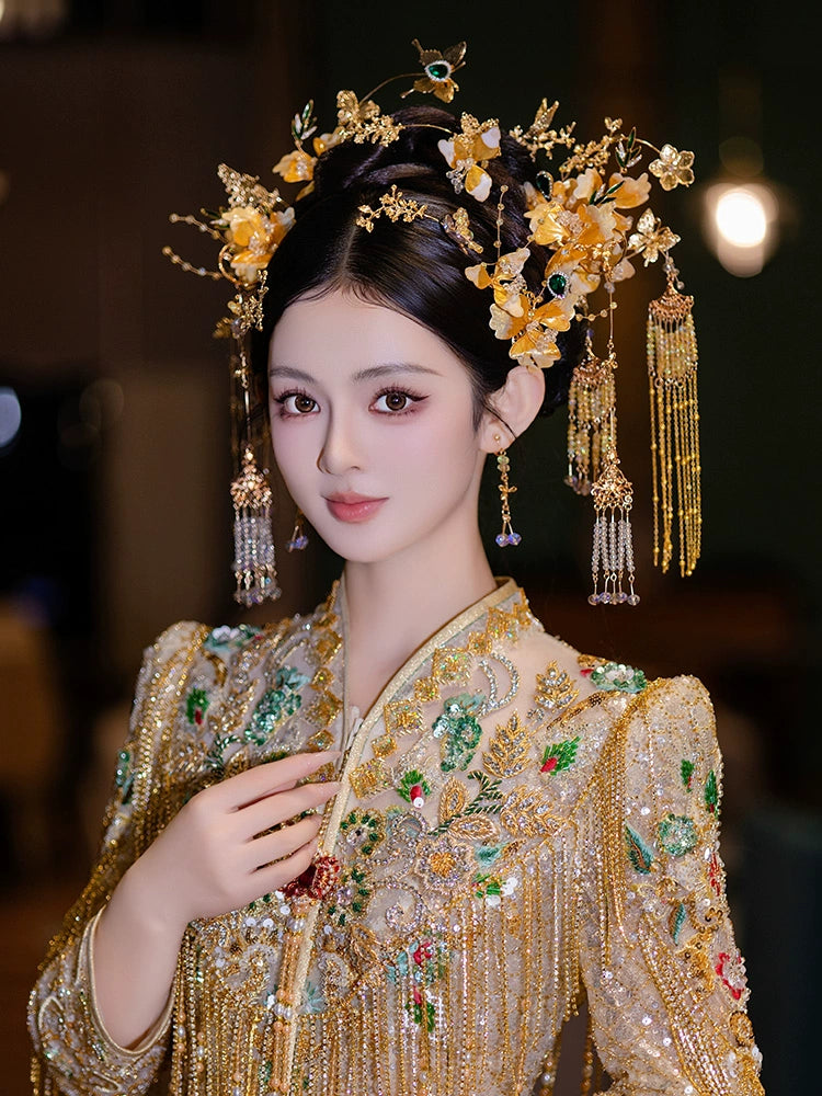 Golden Floral Tassel Bridal Hairpin Elegant Fairy-Inspired Hanfu and Qipao Wedding Hair Accessory