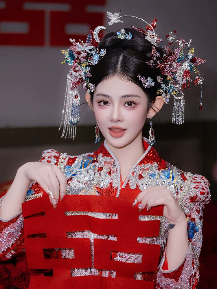 Silver Butterfly and Red Flower Bridal Hairpin Traditional Chinese Wedding Hair Accessories