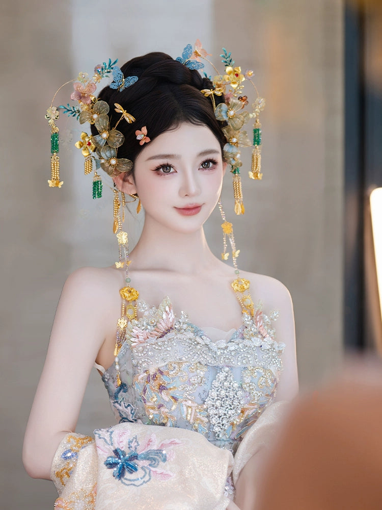 Light Blue Butterfly Bridal Hairpin Crystal Tassel Chinese Wedding Headpiece