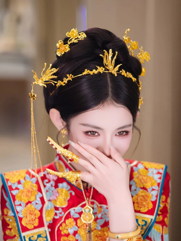 Gold Phoenix Bridal Hairband and Hairpin Minimalist Chinese Wedding Accessories