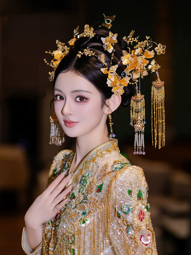 Golden Floral Tassel Bridal Hairpin Elegant Fairy-Inspired Hanfu and Qipao Wedding Hair Accessory