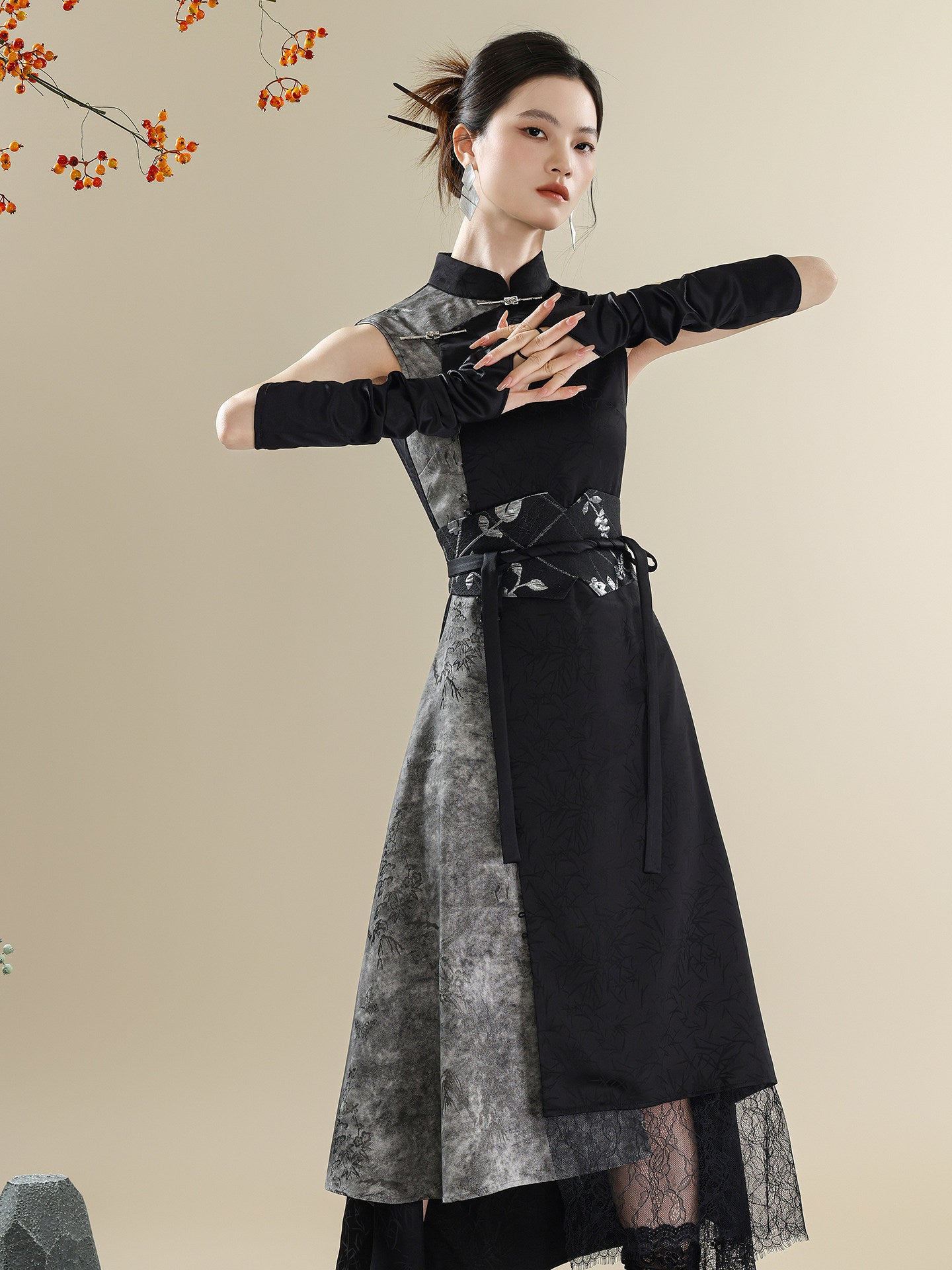 Ink Wash Mandarin Collar Dress