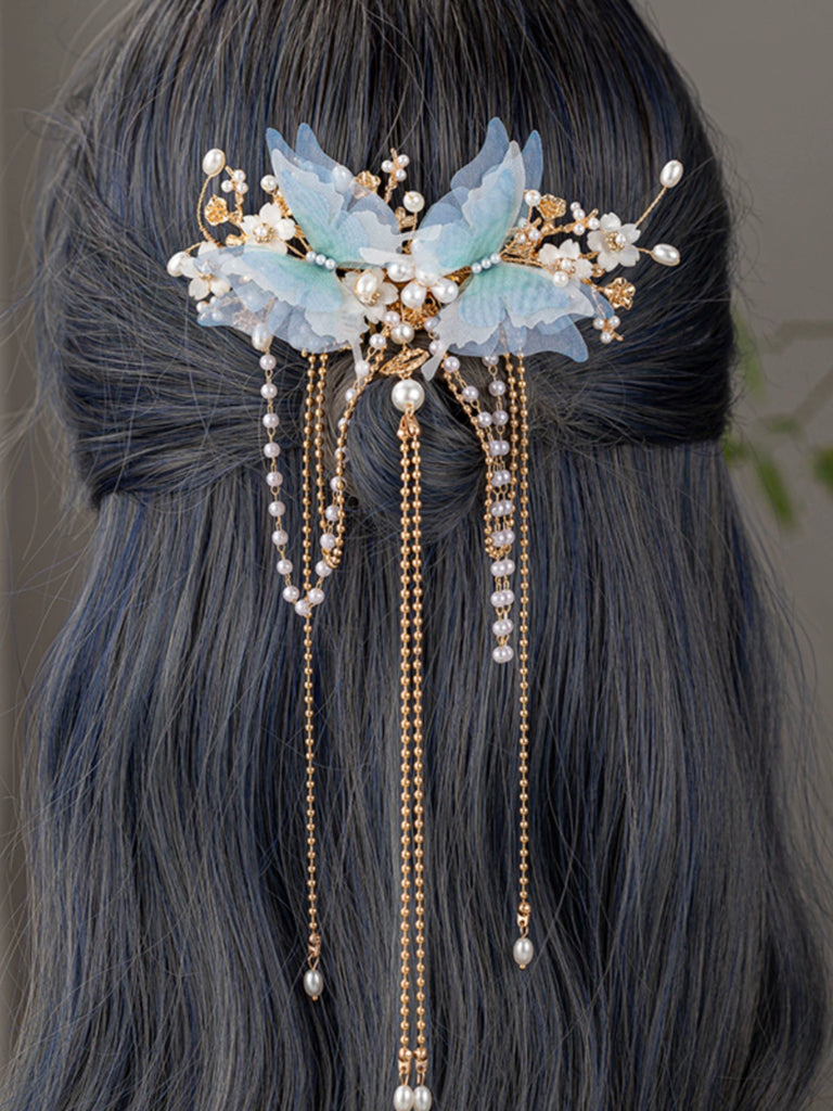 Back Hair Pin: Blue Butterflies with Tassels