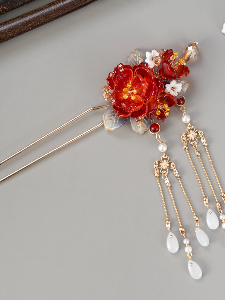 Festive Red Blossom Hair Accessories Hanfu Hairpin & Tassel Set for Traditional Hairstyles