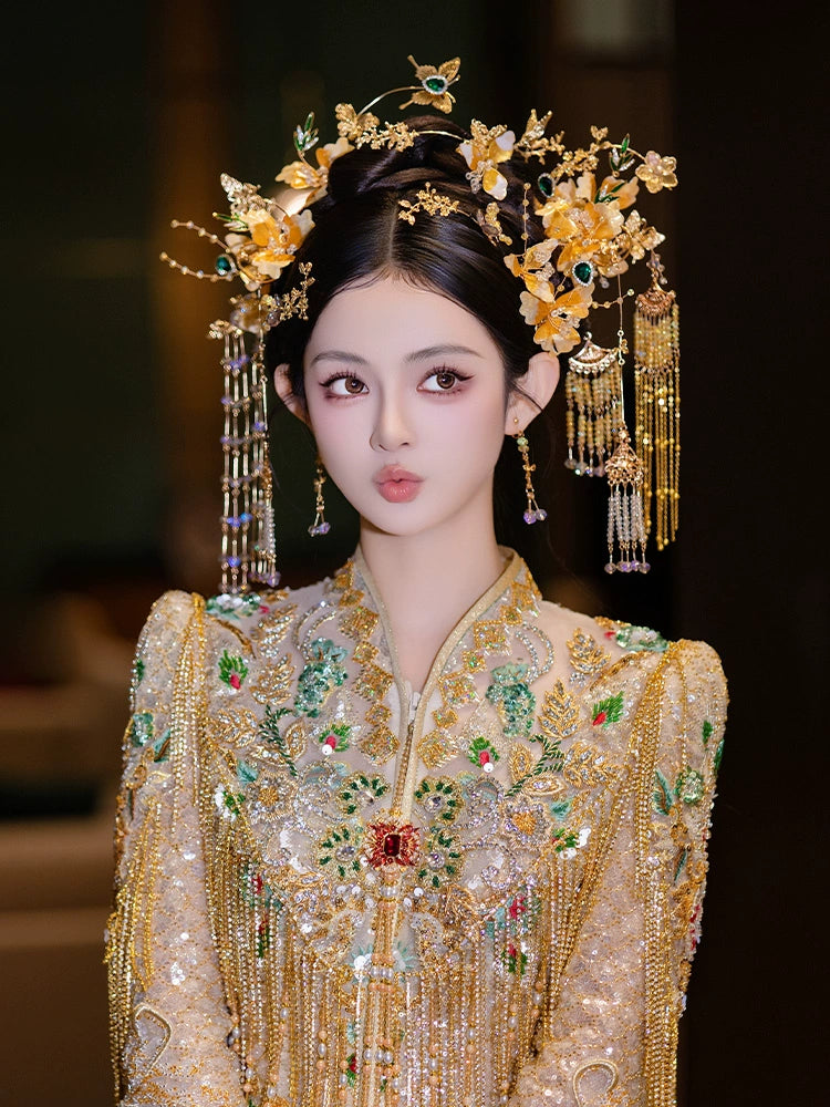 Golden Floral Tassel Bridal Hairpin Elegant Fairy-Inspired Hanfu and Qipao Wedding Hair Accessory