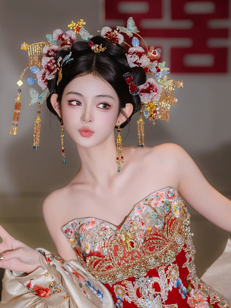 Gradient Floral Bridal Hair Accessories Light Butterfly Headpiece for Chinese Wedding