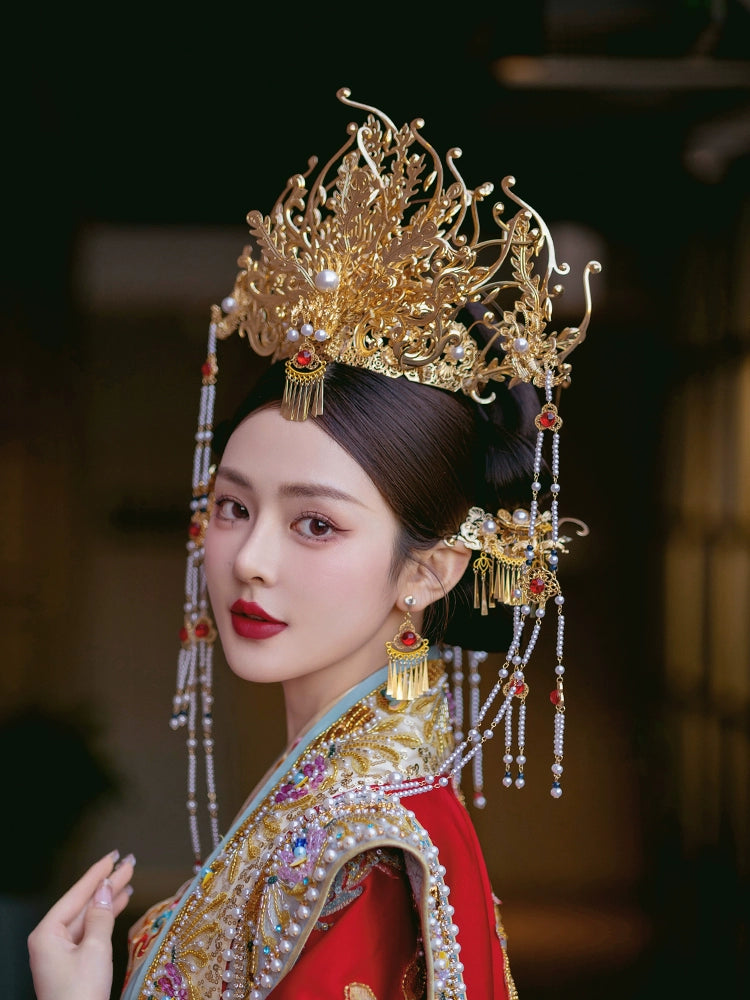 Gold Phoenix Crown Bridal Headpiece Long Tassel Chinese Wedding Hair Accessories for Hanfu Bride