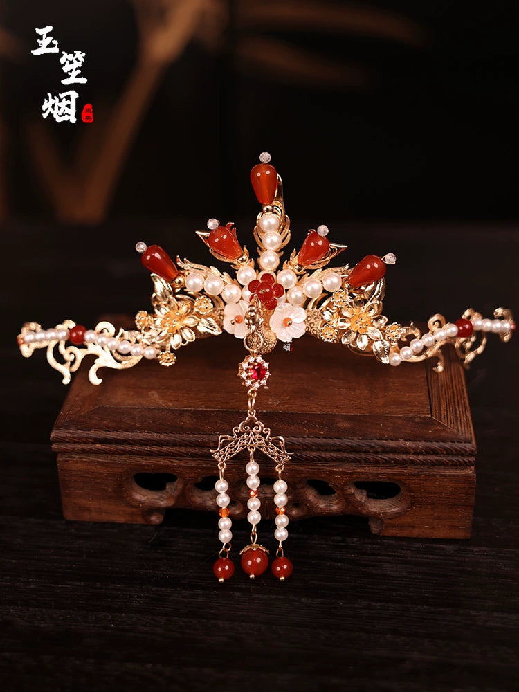 Hanfu Hair Accessories Set: Red Cherry Blossom