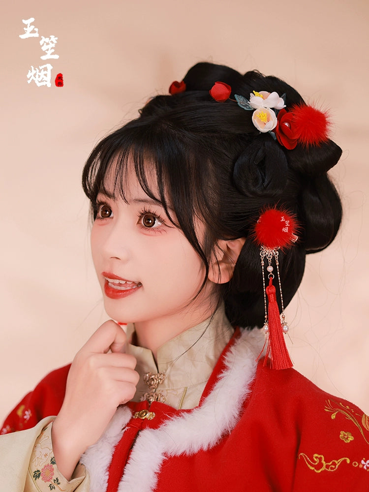 Hanfu Hair Pins: Red Furballs