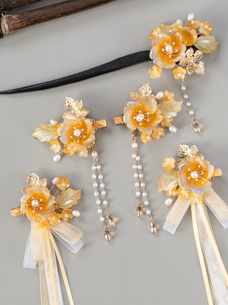 Retro Amber Light Hair Accessories - Hanfu Hair Stick Set, Vintage Ethnic Style Headdress