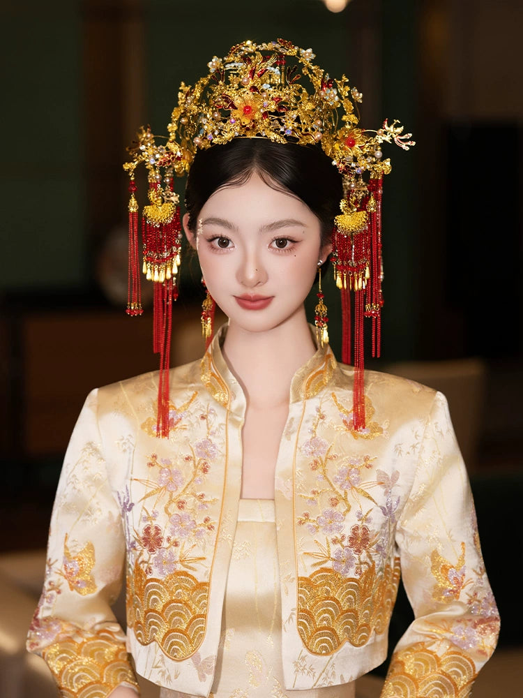 Luxury Phoenix Crown Bridal Headpiece Red Tassel and Gold Flower Chinese Wedding Hair Accessories for Xiuhe Dress