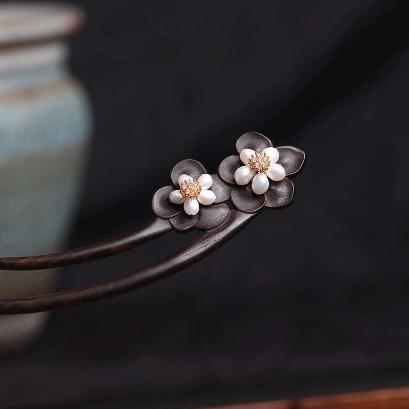Twin Blossom Mother-of-Pearl U-Shaped Ebony Hair Stick