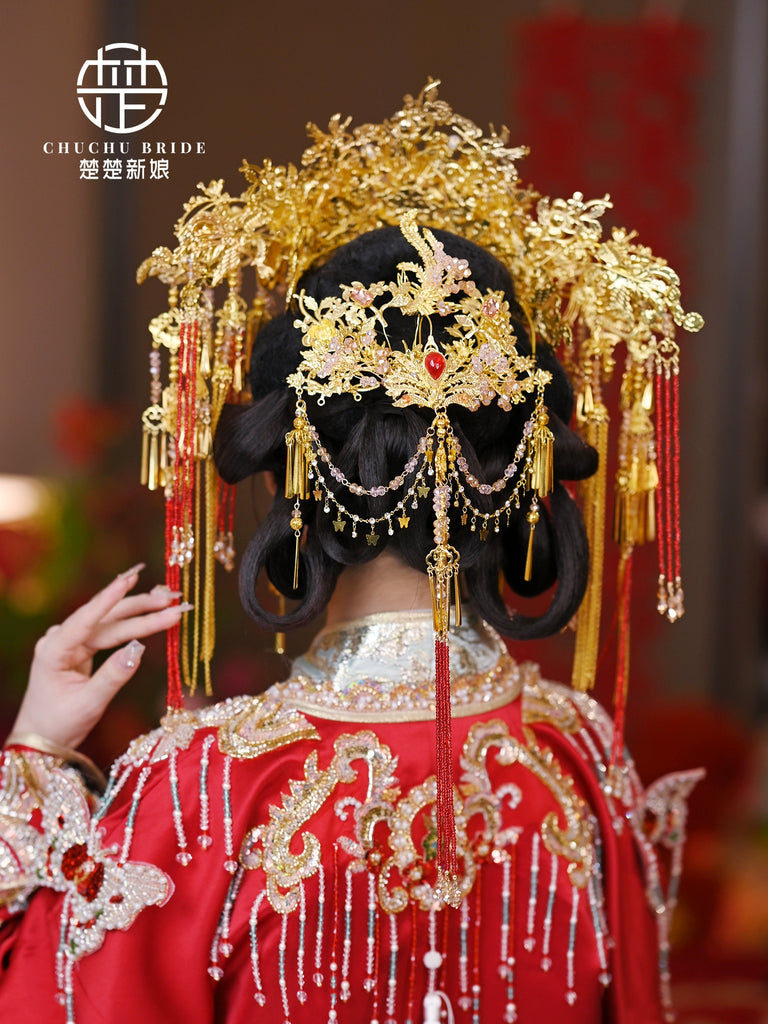 Blush Phoenix Glow - Red Gold Hanfu Bridal Phoenix Crown with Forehead Tassel for Wedding Look