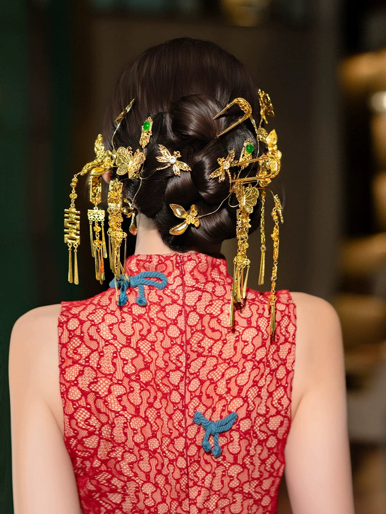 Chinese Wedding Hair Accessory Set Golden Butterfly and Double Happiness Tassel Hairpins for Xiuhe and Qipao Bride