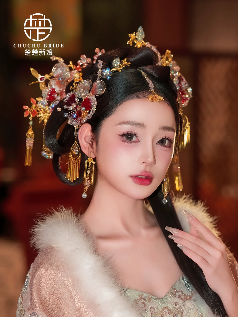Radiant Princess - Gold Red Hanfu Bridal Crown with Liquid Flower Phoenix Hairpin & Forehead Pendant for Wedding