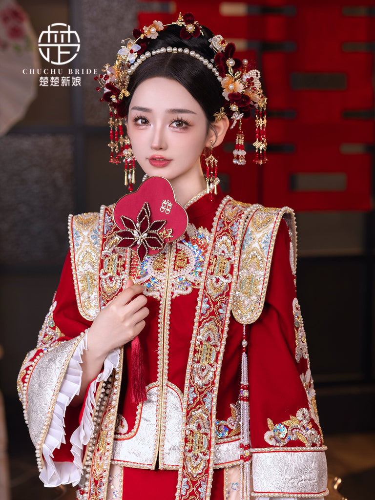 Pearl Halo - Classic Hanfu Bridal Crown with Red Velvet Flowers & Tassel Hairpin Wedding Headpiece