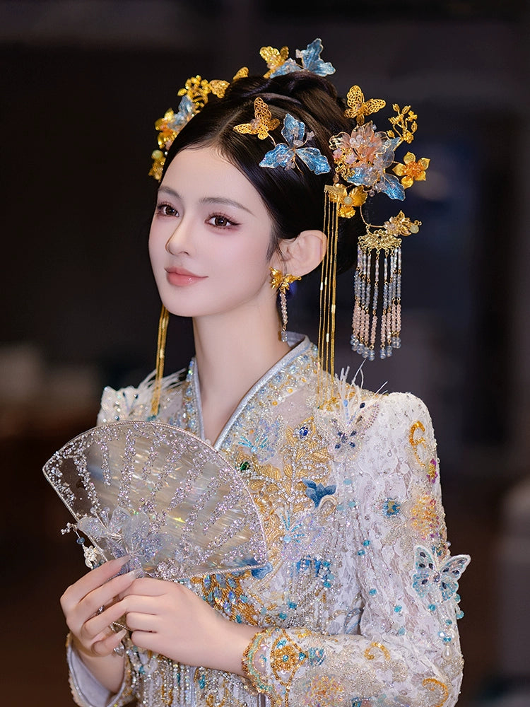Blue and Gold Floral Tassel Bridal Hairpin Fairy-Style Chinese Wedding Accessories