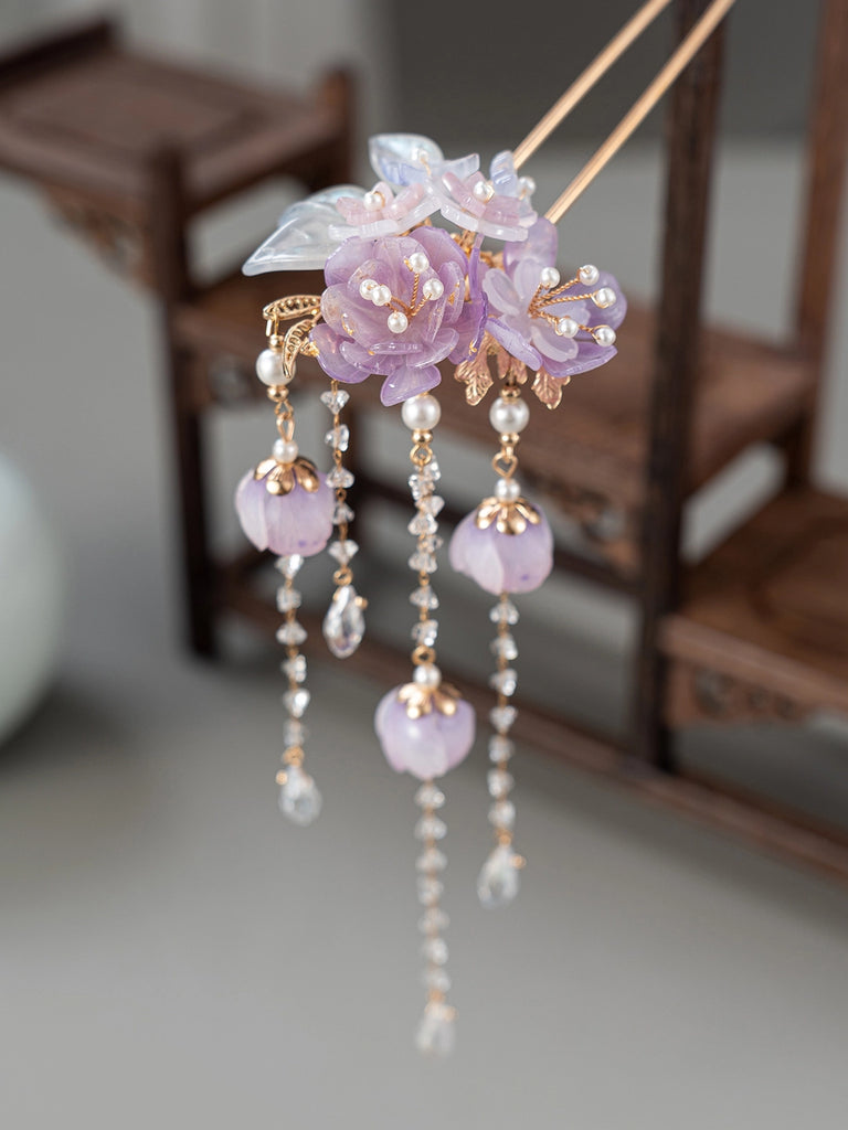 Purple Kite & Peony Hairpin Antique Hair Stick for Hanfu & Cheongsam
