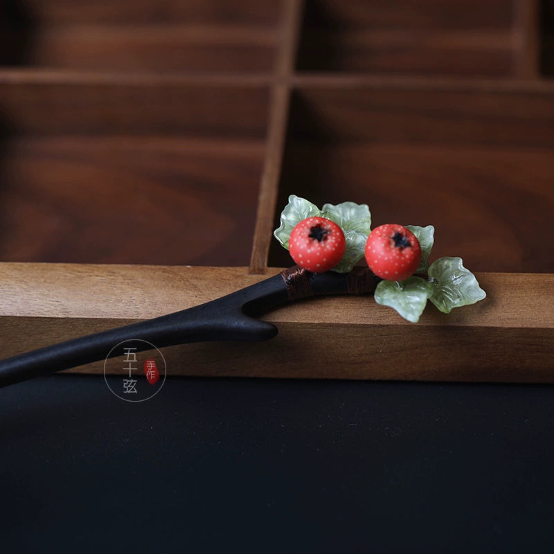 Hawthorn Fruit Handmade Vintage Ebony Hair Stick for Hanfu and Daily Wear