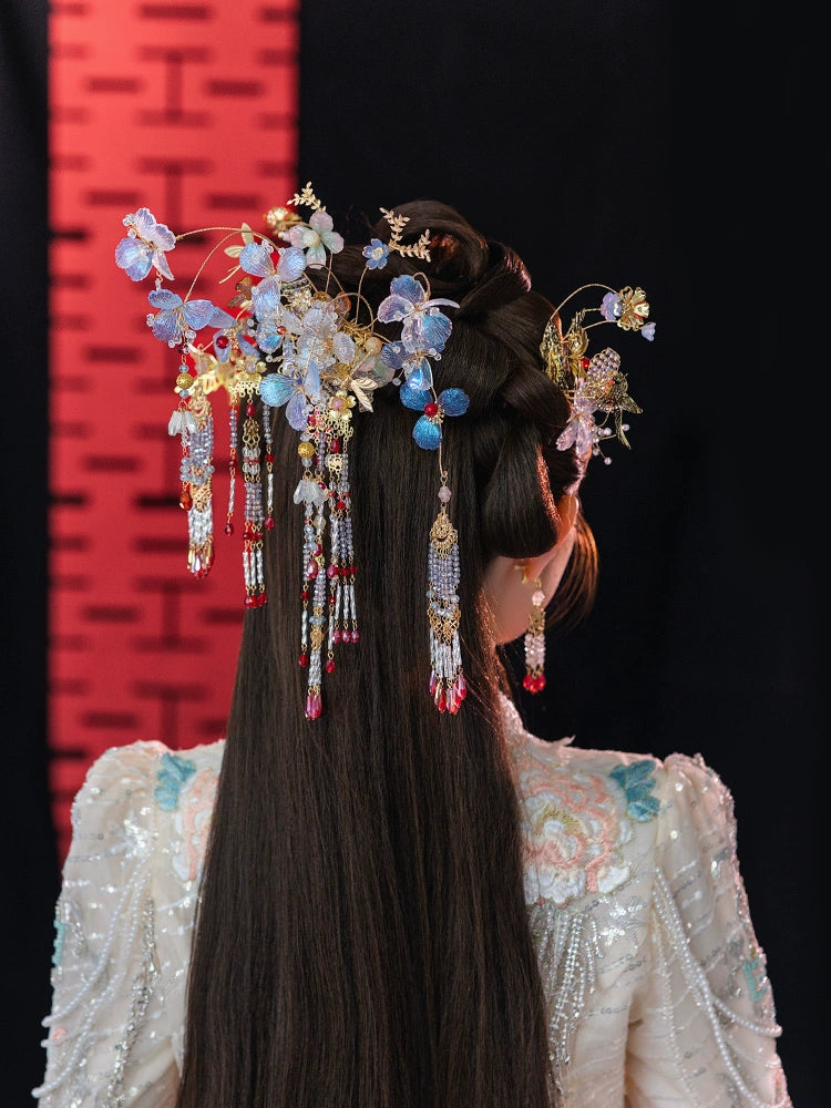 Light Floral Bridal Hairpin Tassel Chinese Wedding Headpiece for Hanfu and Xiuhe Bride