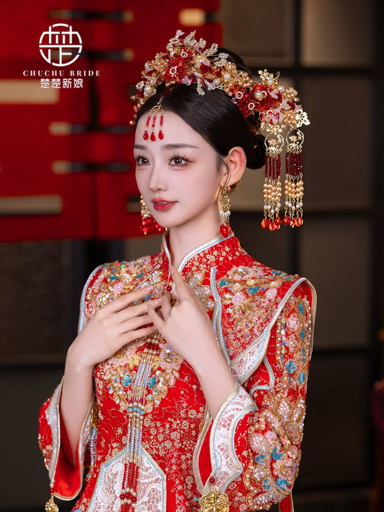 Scarlet Bloom Glory - Red Gold Phoenix Bridal Crown with Forehead Tassel for Luxurious Wedding Headpiece