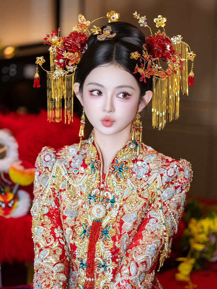 Luxury Gold Tassel Bridal Hairpin Elegant Floral Chinese Wedding Headpiece