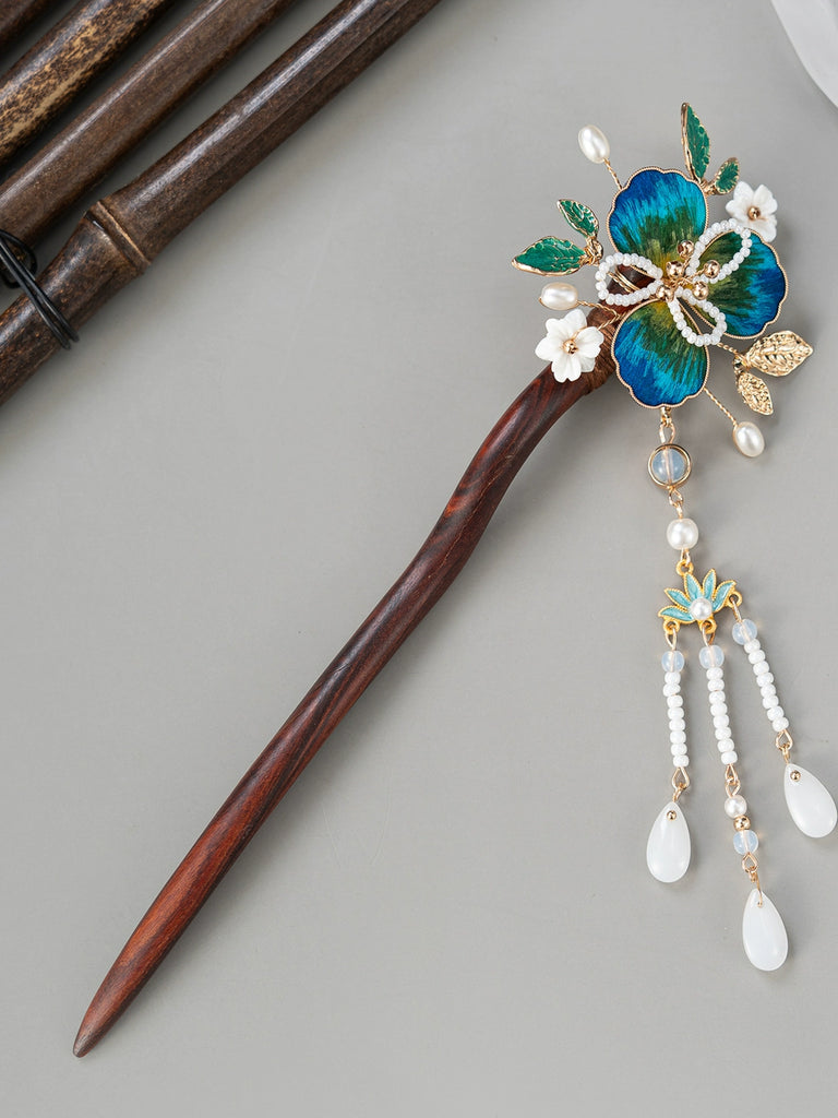 Handmade Silk Velvet Flower Lake Scenery Sandalwood Hair Stick