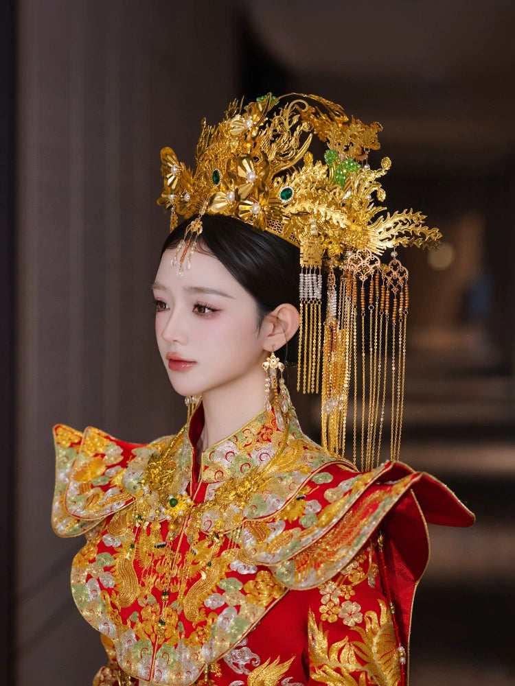 Gold Phoenix Crown Bridal Headpiece Chinese Wedding Hair Accessories with Forehead Pendant