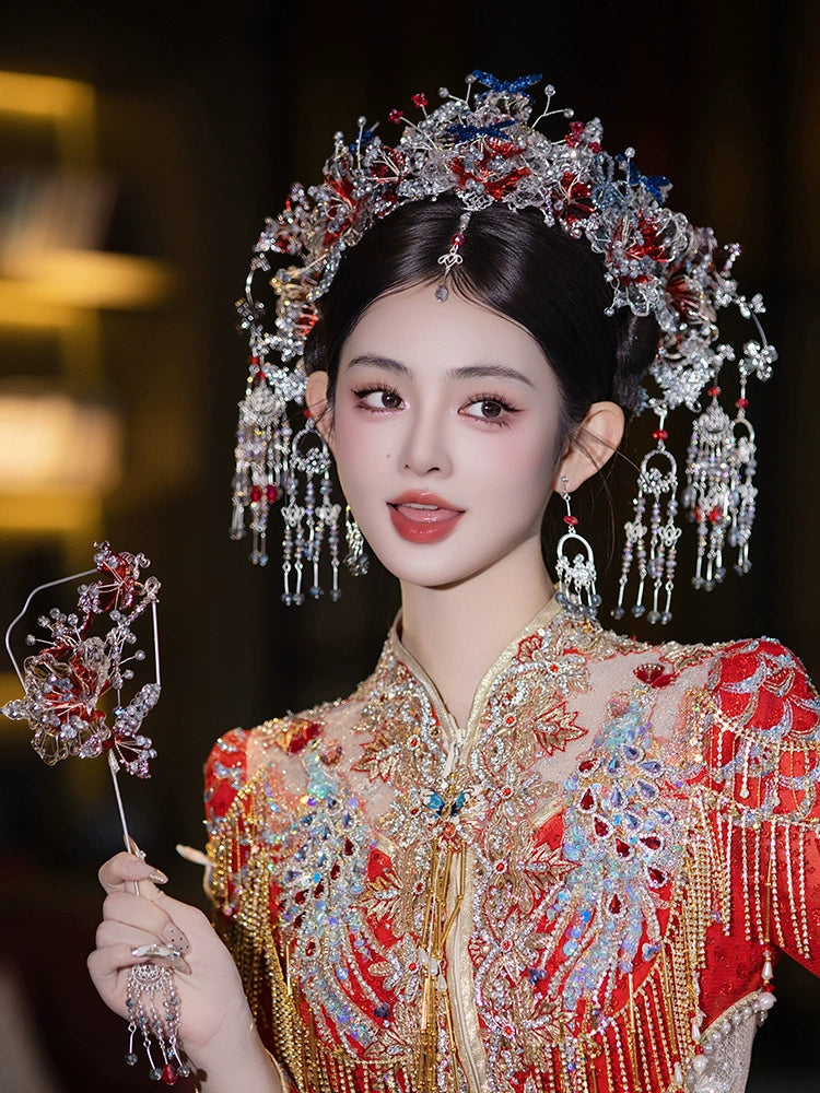 Silver Blue Forehead Pendant Bridal Hair Accessories Noble Chinese Wedding Headpiece for Hanfu