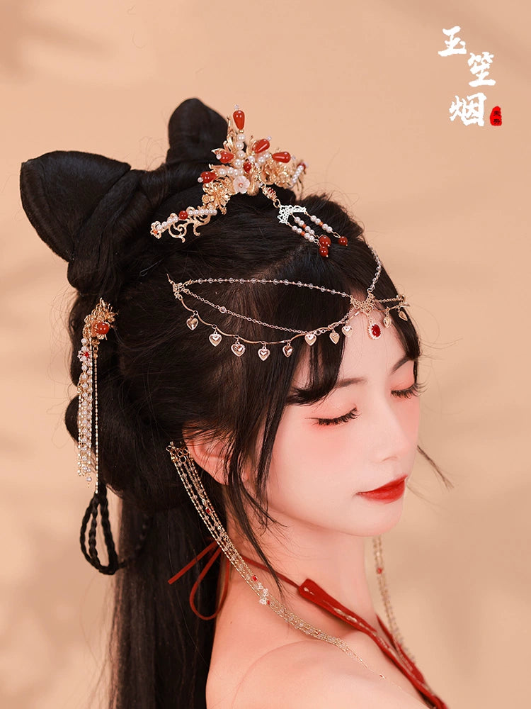 Hanfu Hair Accessories Set: Red Cherry Blossom