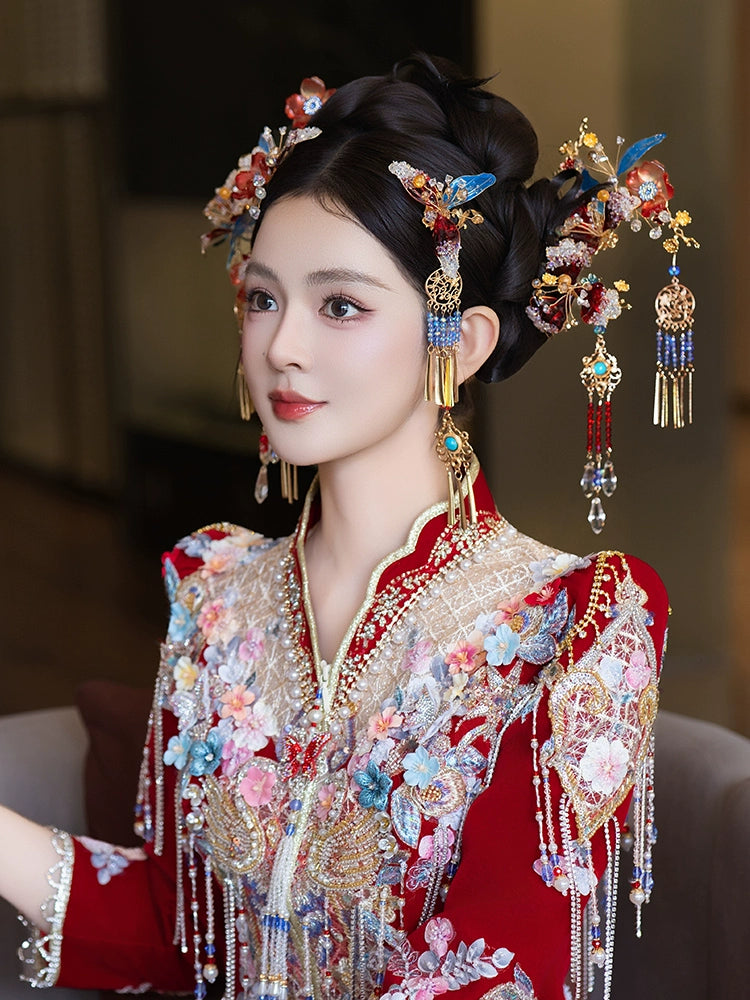 Unique Red and Blue Bridal Hair Accessories Chinese Wedding Headpiece for Hanfu and Xiuhe Dress