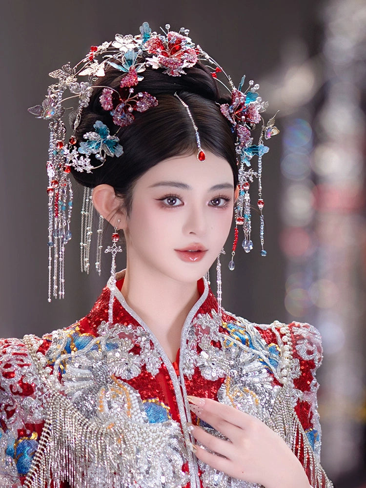 Silver Butterfly Tassel Bridal Hair Accessories Vintage Chinese Wedding Headpiece for Hanfu