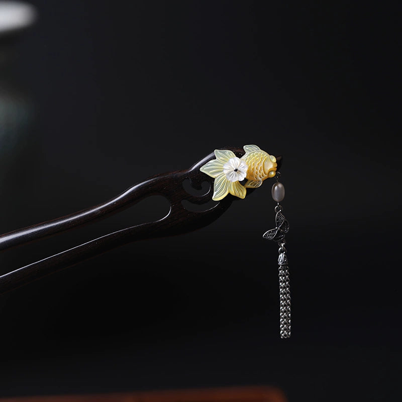 Golden Scales Mother-of-Pearl Koi 925 Silver Tassel Hair Stick