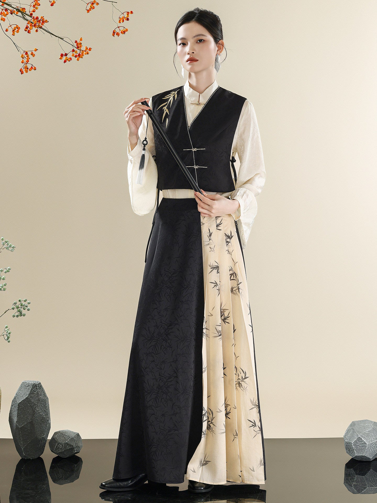 Ink Bamboo Embroidered New Chinese Style Vest & Contrast Long Skirt Se –  Hanfu Story