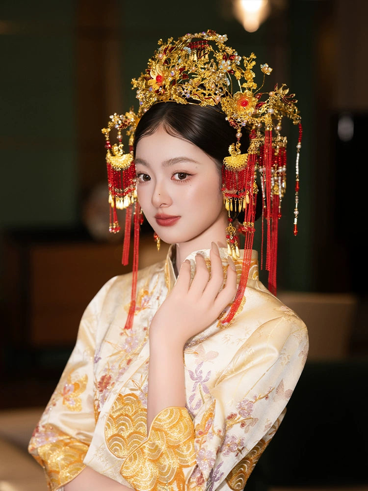 Luxury Phoenix Crown Bridal Headpiece Red Tassel and Gold Flower Chinese Wedding Hair Accessories for Xiuhe Dress